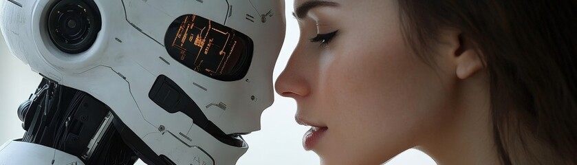 Woman observing a humanoid robot in a contemporary indoor environment with high-tech features