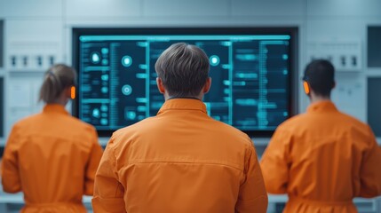 Obraz premium Team of Engineers in Orange Jumpsuits Analyzing Data on Monitors