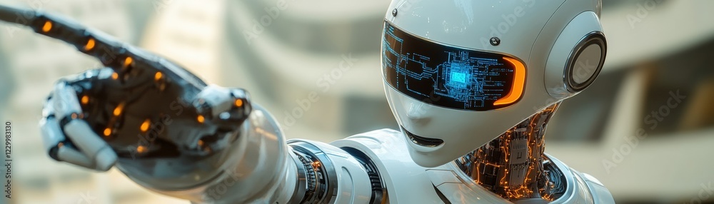 Poster robot pointing at a direction with a clear focus on its gesture and surrounding environment