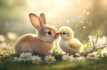 Cute baby bunny rabbit and a cute little chick sitting together on the grass in spring, kissing with a loving and tender expression, surrounded by wild flowers. Easter theme 