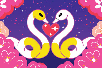 Fototapeta premium Two charming snake shaped swans like a heart, gently coiling around each other with a small glowing heart