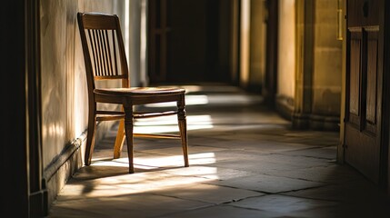 A wooden chair placed at the end of a dimly lit hallway, shadows stretching behind it.