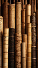 Natural bamboo and wicker textures in various shades and patterns create warm, earthy backdrop. arrangement showcases craftsmanship and beauty of organic materials