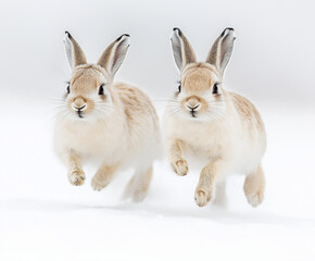 Obraz premium two Identical Fluffy Rabbits in a Symmetrical Line: Adorable Trio Posing Against a White Background, Representing Unity, Nature's Harmony, and Perfect Symmetry in Wildlife Photography