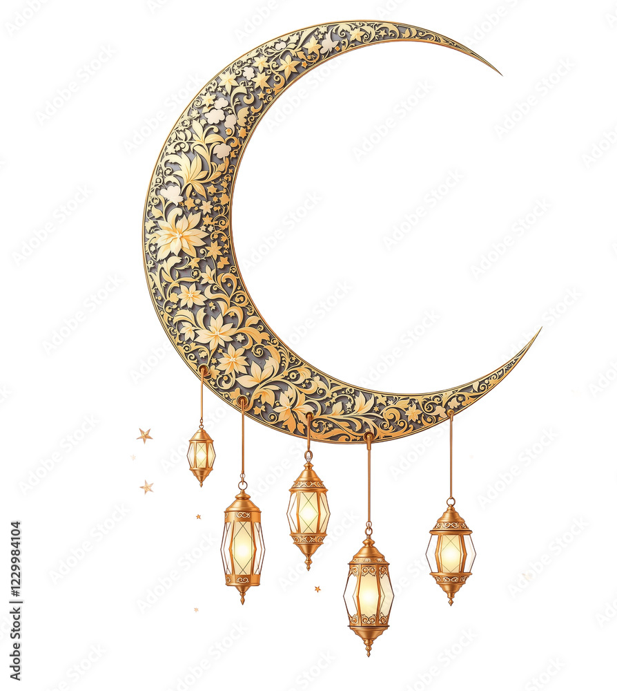 Fototapete elegant crescent moon with golden lanterns and floral patterns on a minimalist white background