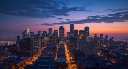 Fototapeta premium City skyline illuminated by streetlights at dusk