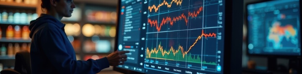 Manager reviewing automated food box transfer data on a screen , quality control, computer