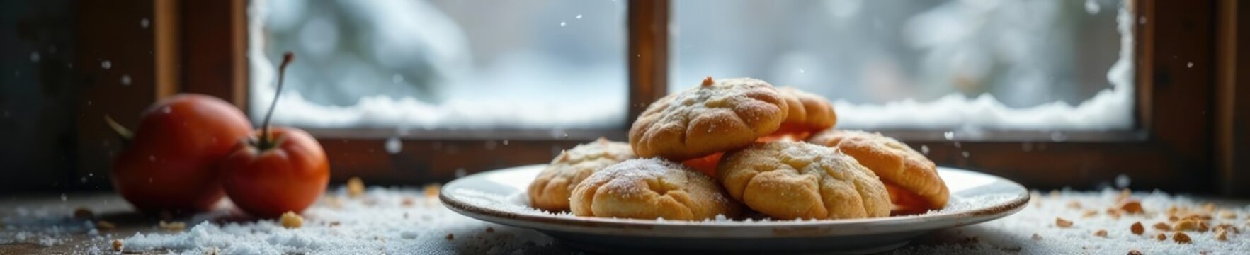 A plate of steaming hot Levkoy cookies in front of a frosty window with snowflakes falling outside, hot, dessert