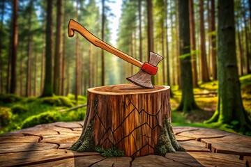 Animated One-Line Drawing: Hatchet Stuck in Tree Stump - Camping, Forest, Wilderness Illustration
