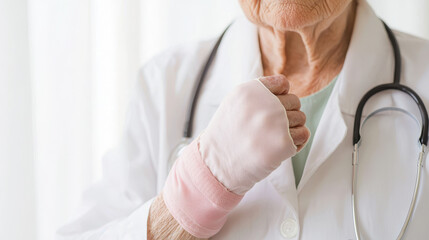Fototapeta premium Elderly woman doctor with compression gloves in medical setting