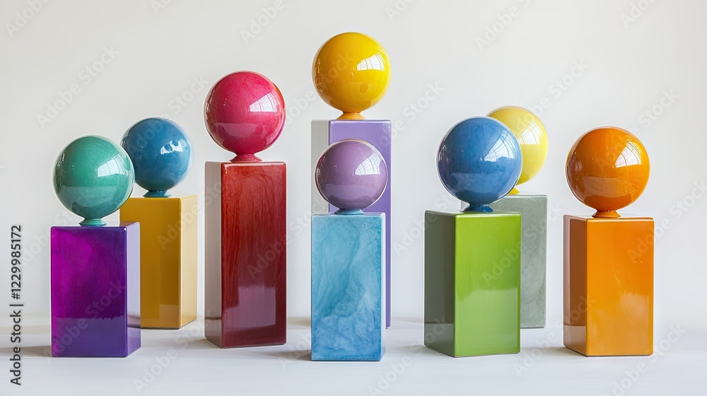 Canvas Prints boldly colored spheres resting on minimalist cubes and cylinders with high-gloss surfaces.