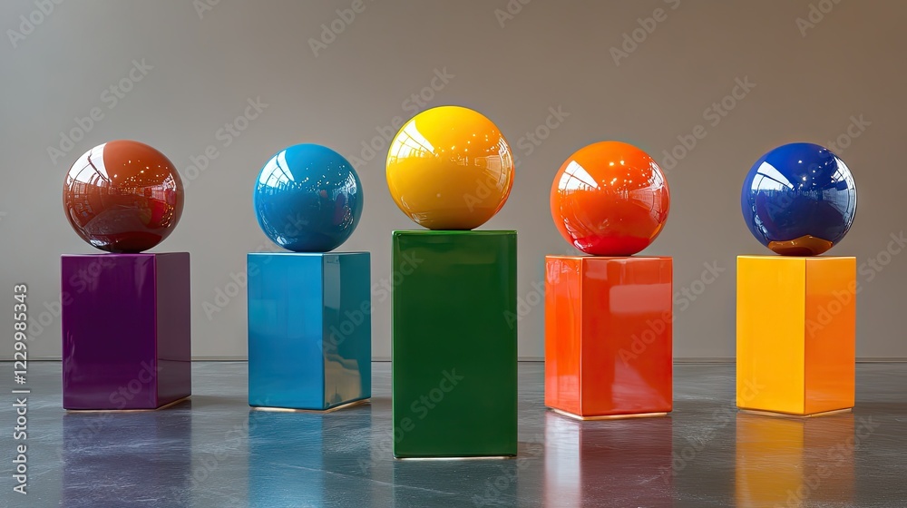 Canvas Prints boldly colored spheres resting on minimalist cubes and cylinders with high-gloss surfaces.