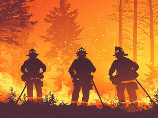 Obraz premium Brave firefighters silhouetted against fiery backdrop, battling wildfires. Their determination shines through intense flames and smoke