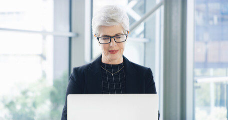 Reading, search and laptop with business woman in office for corporate venture capital, email...