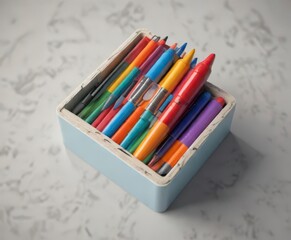 A rocket shaped pencil box filled with colorful pens and crayons ,  coloring, school supplies rockets,  education