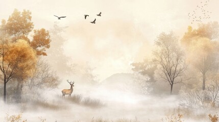 Serene Autumn Forest Landscape with Deer and Birds