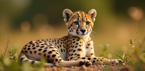 Young cheetah rests, ears pricked, observing its environment , feline, savanna