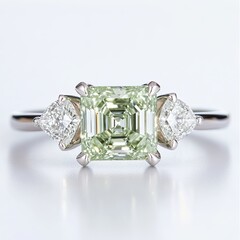 A five carat square light green diamond with two 2 carat white diamond on either side with a minimalist chic setting and ring
