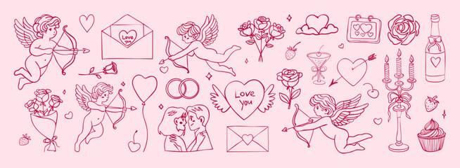 A row of Valentine's Day themed images, including hearts, flowers, and other symbols. Scene is romantic and celebratory