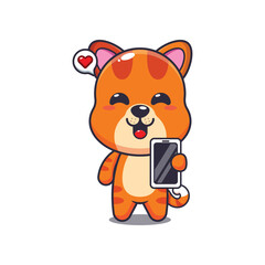 cat mascot cartoon character vector illustration with mobile phone.