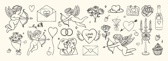 A collection of drawings of angels, hearts, and other symbols of love. Scene is romantic and whimsical