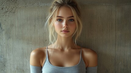 Naklejka premium A young woman with blonde hair and blue eyes stares directly at the camera against a textured concrete wall.