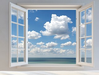 Beautiful Open Window with Clouds and Ocean View Under Bright Blue Sky for Tranquil Atmosphere and Relaxation