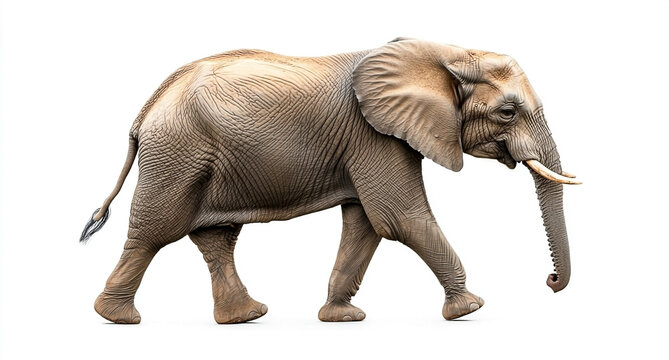 Side view of an African elephant walking with its trunk down, isolated on white background