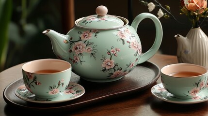 Fototapeta premium Charming tea set arrangement cozy home setting still life photography warm ambiance close-up view tranquility