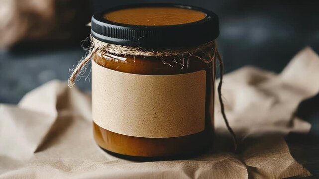 A detailed view of a kraft paper label affixed to a jar the label adorned with plantbased inks and featuring a beautiful handwritten logo.