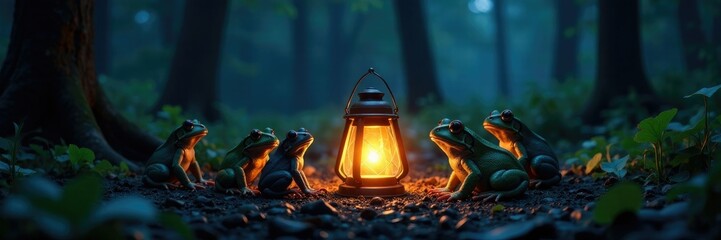 Frogs gathered around a glowing lantern in the forest at midnight, shadows, night