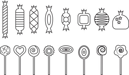 Sweets and candy icon set. Chocolate bars, caramel, toffee and lollipop on sticks, marmalade bears. Confectionery shop elements for birthday kids present cartoon flat isolated vector collection.