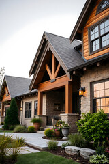 Obraz premium Luxury Stone and Wood House Exterior: Modern Rustic Design,Landscaped Garden,Elegant Entrance