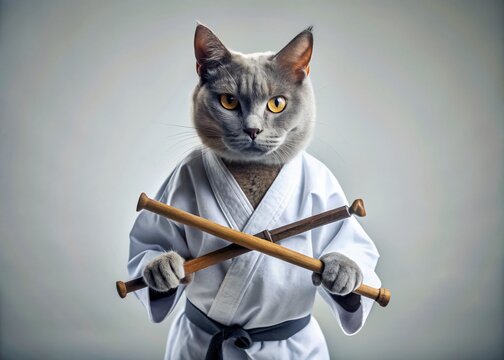 Ashen Cat Karate Master: Low-Light Nunchuck Training in Kimono - Stock Photo