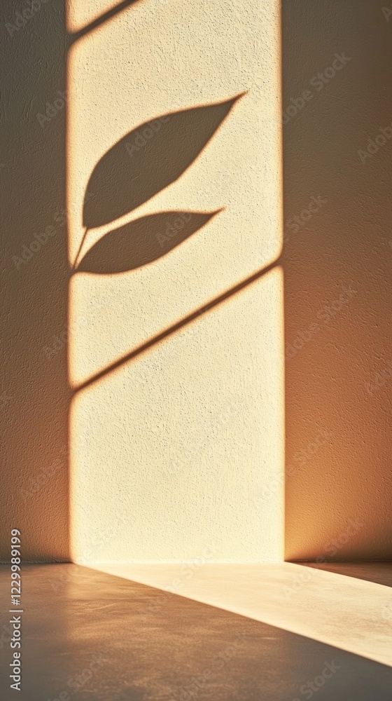 Poster a mesmerizing interplay of light and shadow creates a striking leaf pattern on a textured wall, evok