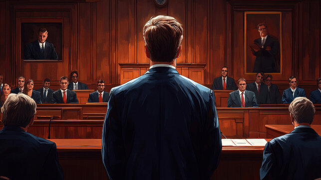 A prosecutor delivering opening statements in a courtroom, emphasizing key evidence with visuals