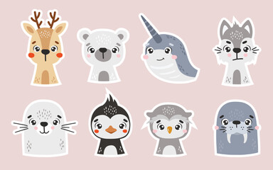 Naklejka premium Polar animals set isolated, Stickers, cute arctic animals, kids vector cartoon