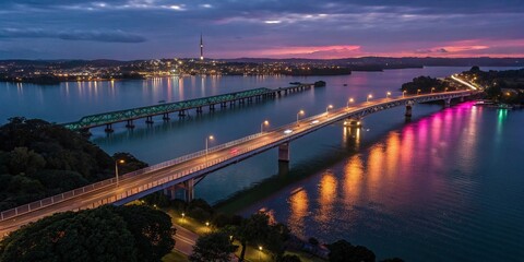 Obraz premium Auckland Orakei Basin Walkway Night Photography: Stunning City Lights Reflecting on Calm Waters