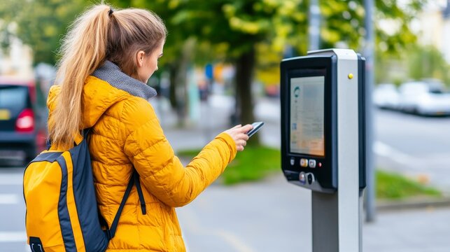 Young woman in a yellow jacket using a smartphone at a modern bus stop in an urban setting