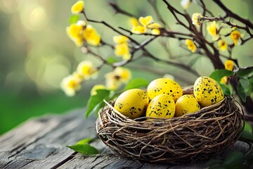 Festive Yellow Easter Eggs in Bird Nest with Spring Blossoms
