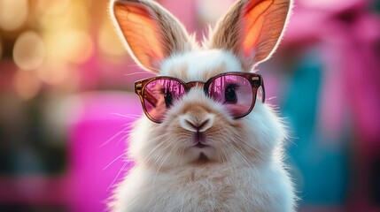 Cute rabbit wearing stylish sunglasses in a colorful outdoor setting during sunny daytime