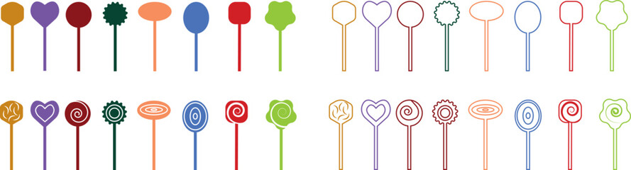 Sweets and candy icon set. Chocolate bars, caramel, toffee and lollipop on sticks, marmalade bears. Confectionery shop elements for birthday kids present cartoon flat isolated vector collection.