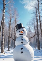 Naklejka premium Cheerful snowman in the middle of a serene winter forest with bare trees and a bright blue sky , snow-covered trees, bright blue sky, winter scenery