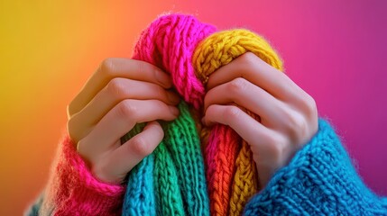Colorful Knitted Textiles Held by Hands in Bright Warm Lighting
