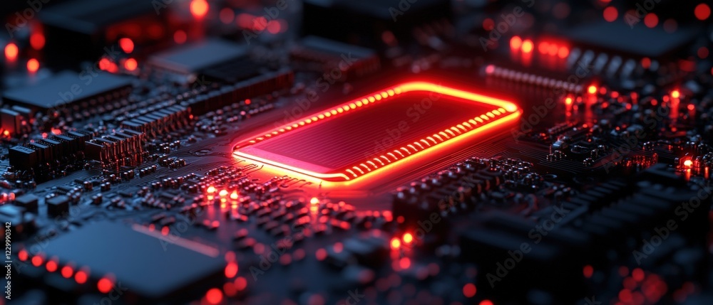 Poster close up view of a computer processor showcasing circuit design and intricate details of technology