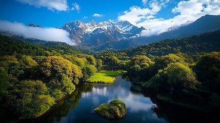 Majestic mountain view reflected in calm lake, lush forest foreground, perfect for travel brochures