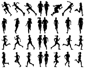 Black silhouettes of runners on a white background	