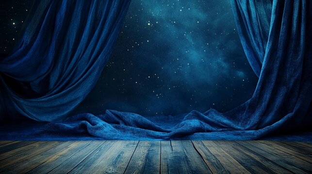 A dark blue backdrop with stars, draped in flowing fabric that creates an ethereal and dreamy atmosphere. The floor is made of wooden planks that add warmth to the scene. 