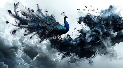Majestic peacock amidst ink clouds, singing, artistic design, home decor © adniluy