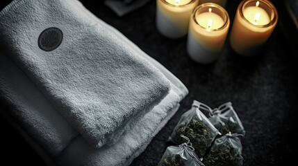 Luxurious hotel room with spa amenities for relaxation. Washcloths, towels, and candles create a serene atmosphere.